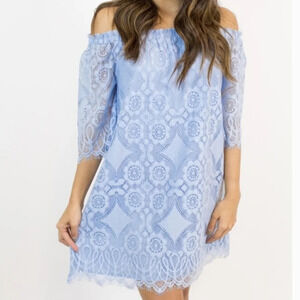 BB Dakota Halden Light Blue Lace Off the Shoulder Dress NWT